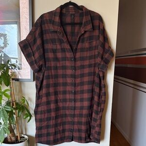 Women's Casual Plaid Button Down Shirt Dress- Black and Brown